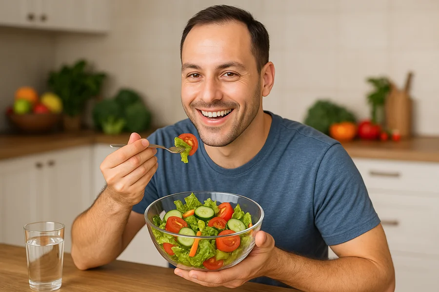 یک مرد خندان که مشغول خورد غذای سالمه