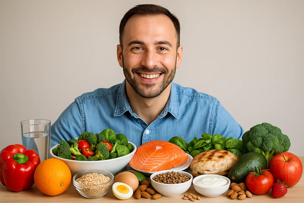 یه مرد خندان که کلی غذای سالم جلوشه