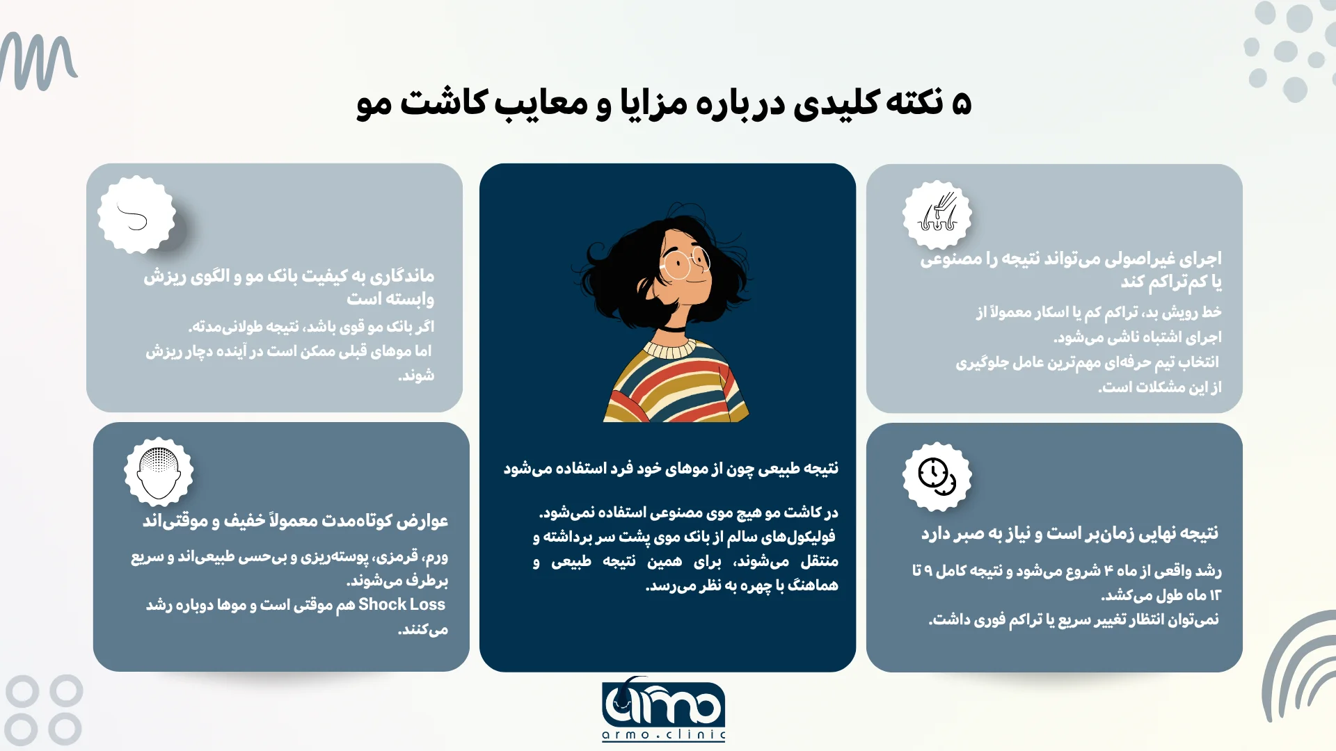 مزایا و معایب کاشت مو؛ قبل از تصمیم، تصویر واقعی را ببینید 1 اینفوگرافیک نکات طلایی مزایا و معایب