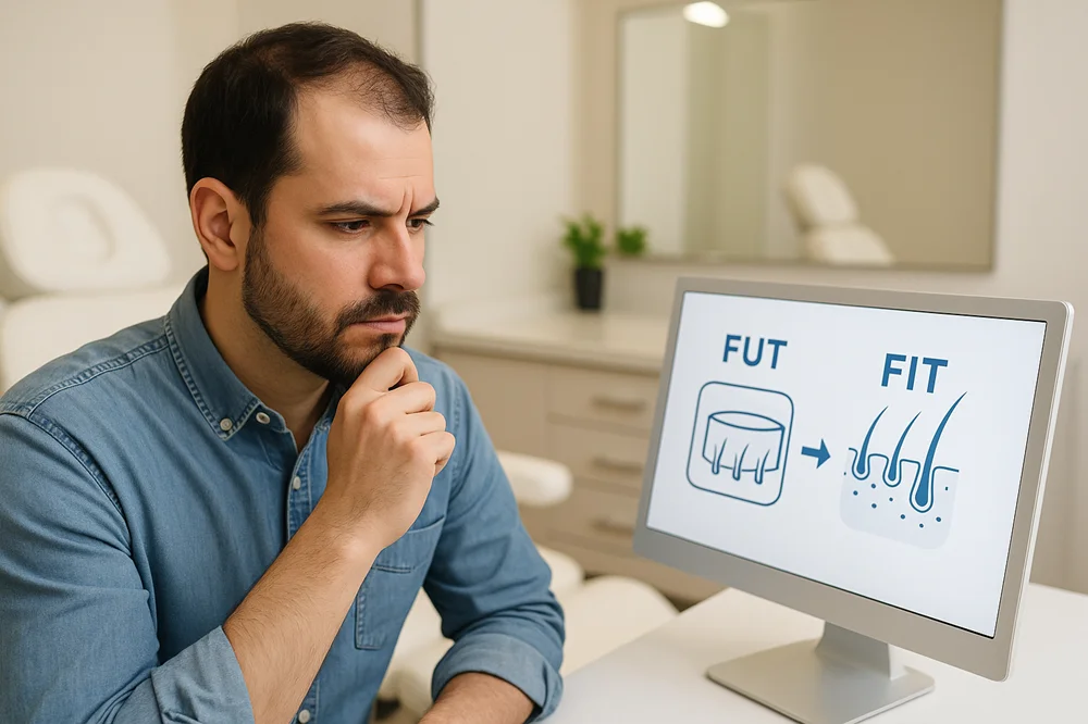 عکس یک مرد در مقابل مانیتور که بین دو روش کاشت مو تفکر میکنه