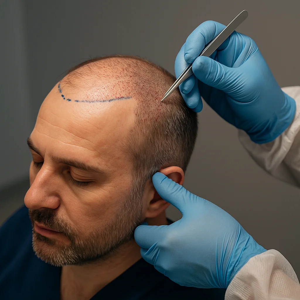 عکس ساخته شده با هوش مصنوعی که یک تکنسین مشغول کشیدن خط رویش رو سر مراجع هست