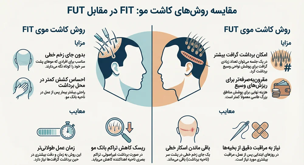 اینفوگرافیک مزایا و معایب دو روش کاشت مو