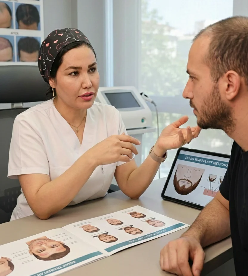 عکس مشاوری که در حال مشاوره دادن برای انتخاب بهترین روش کاشت ریش