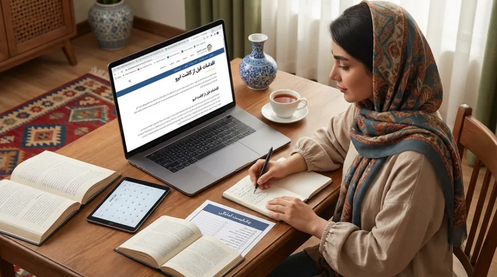 عکس یه خانم در حال تحقیق کردن درباره اقدامات قبل از کاشت ابرو