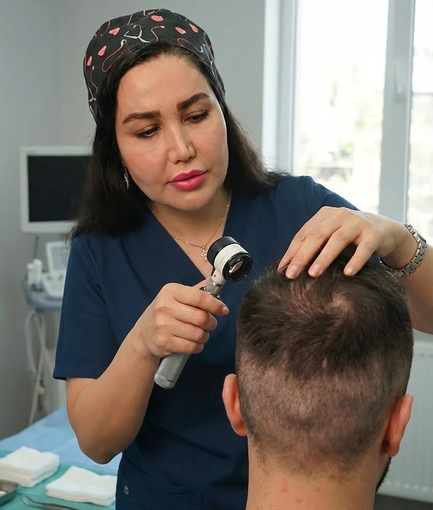 عکس مشاور مجموعه در حال معاینه سر مراجع