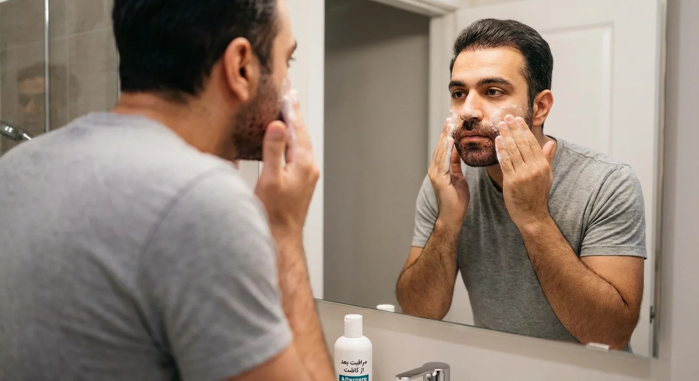 عکس یک مرد مشغول شستن ریش خود جلوی آیینه می باشد