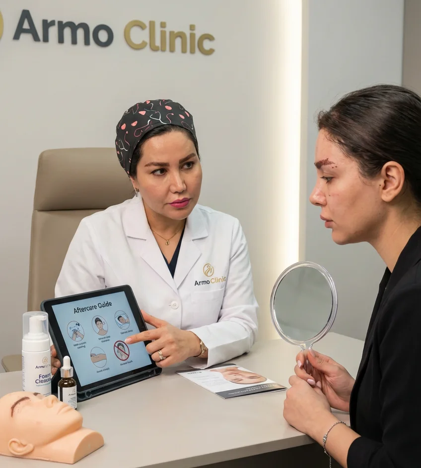 تکنسین آرمو در حال مشاوره دادن به یک مراجع در مورد مراقبت های بعد از کاشت ابرو
