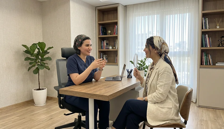 عکس شاخص: تکنسین و مشاور نشسته روبرو مراجع و داره بهش مشاوره کاشت ابرو میده