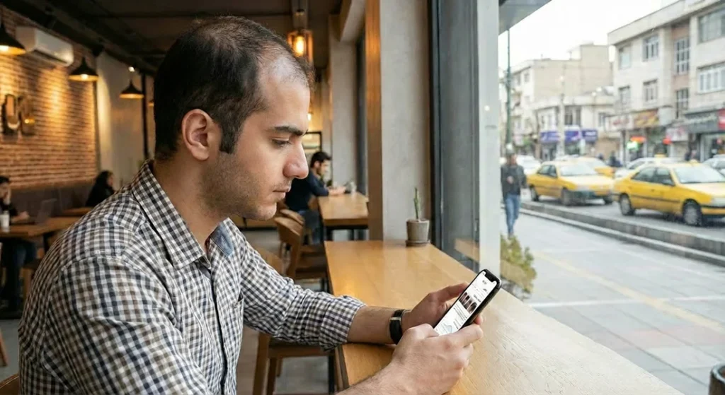 عکس یه شخص که داره تو کافه تحقیق میکنه در مورد نتایج کاشت مو