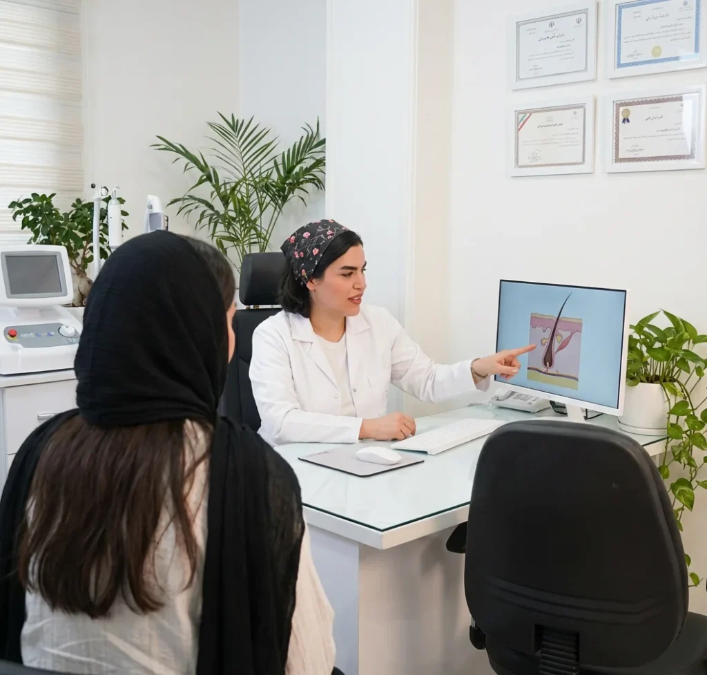 عکس شاخص که متخصص کلینیک آرمو در حال مشاوره دادن به مراجع در مورد دلایل ریزش مو بعد از پی ار پی