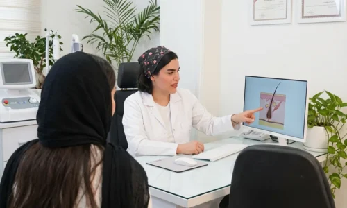 عکس شاخص که متخصص کلینیک آرمو در حال مشاوره دادن به مراجع در مورد دلایل ریزش مو بعد از پی ار پی