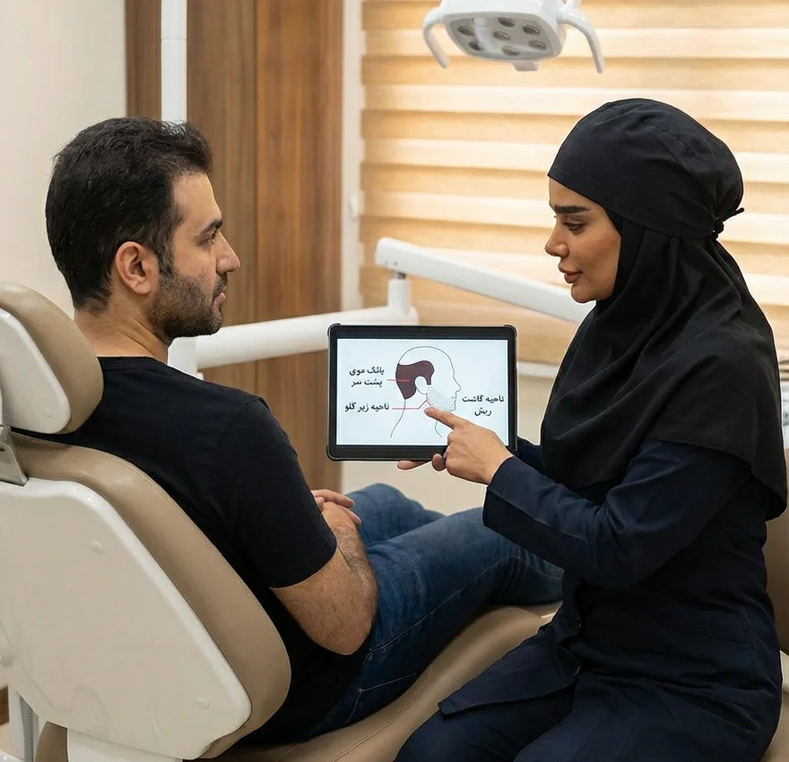 یک مشاور خانم که داره درمورد نواحی کاشت ریش به مراجع مشاور میده