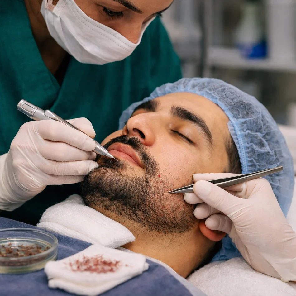 یه مرد که مشغول کاشت ریش می باشد