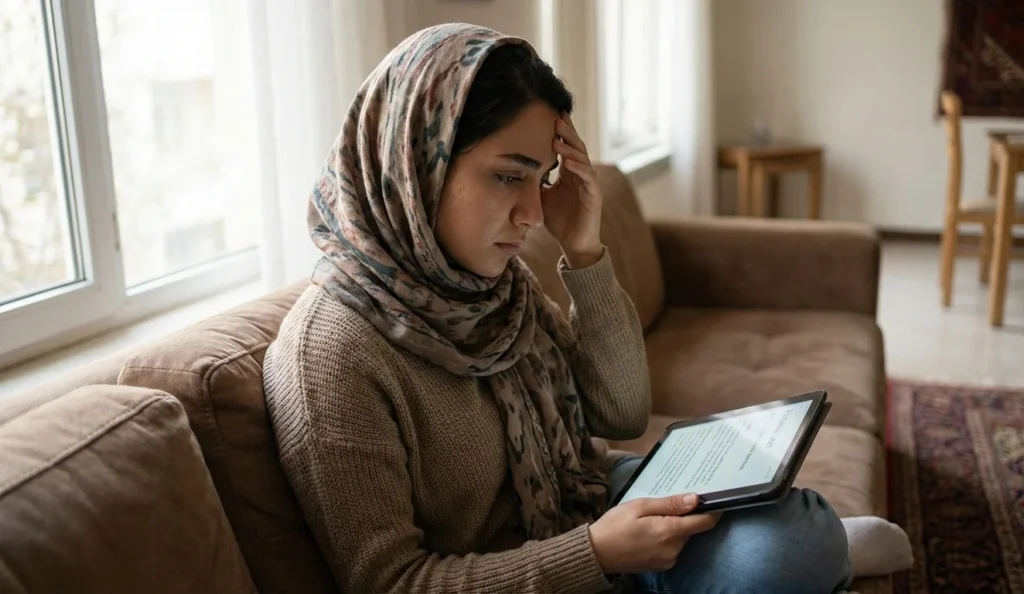 عکس واقع گرا از یک خانم ایرانی که داره در مورد عوارض پی ار پی مو تحقیق میکنه