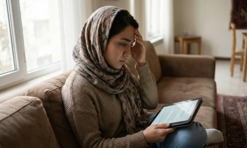 عکس واقع گرا از یک خانم ایرانی که داره در مورد عوارض پی ار پی مو تحقیق میکنه