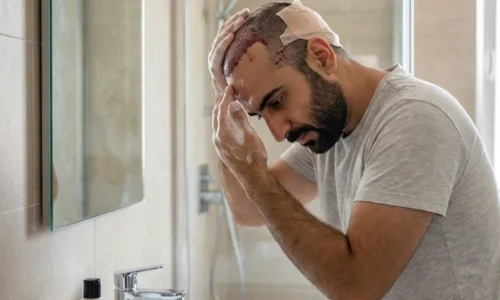 یک مرد که در مقابل آیینه ایستاده و داره موهای کاشته شدشو میشوره