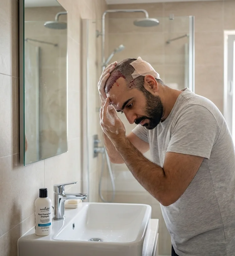 یک مرد که در مقابل آیینه ایستاده و داره موهای کاشته شدشو میشوره