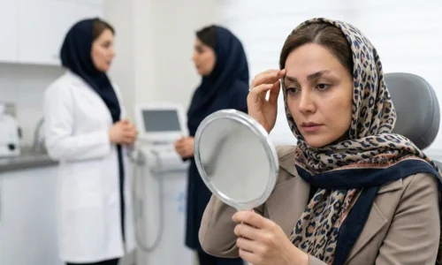 عکس یه خانم که در حال نگاه کردن به ابروهای کاشته شده تو آیینس