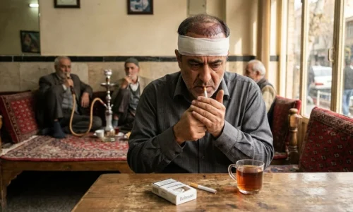 عکس یک مرد که کاشت مو انجام داده و در حال روشن کردن سیگاره