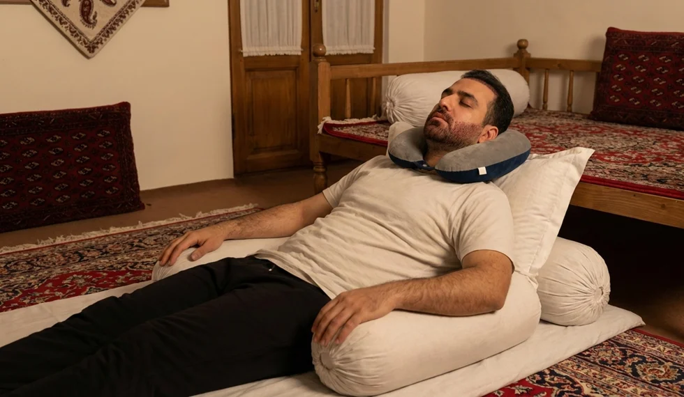 تصویر مردی که بعد از کاشت ریش بصورت نشسته به بالش تکیه داده