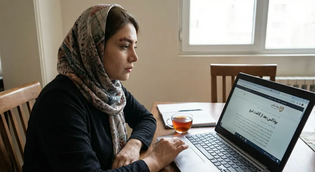 یک خانم که در حال تحقیق درباره بوتاکس بعد از کاشت ابرو