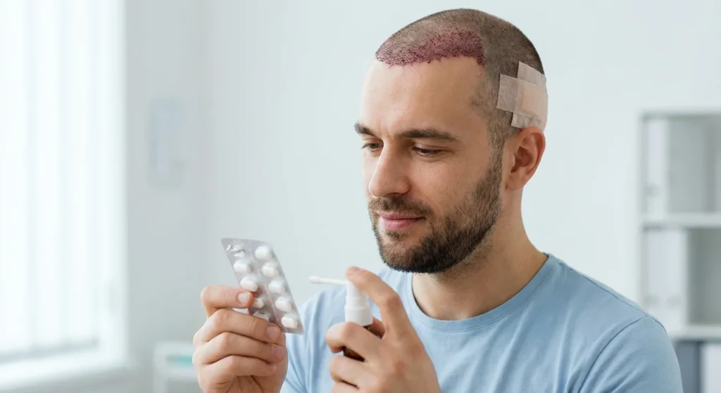 عکس یه مرد که تازه کاشت مو انجام داده و داره به قرص نگاه میکنه