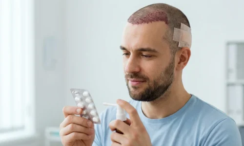 عکس یه مرد که تازه کاشت مو انجام داده و داره به قرص نگاه میکنه