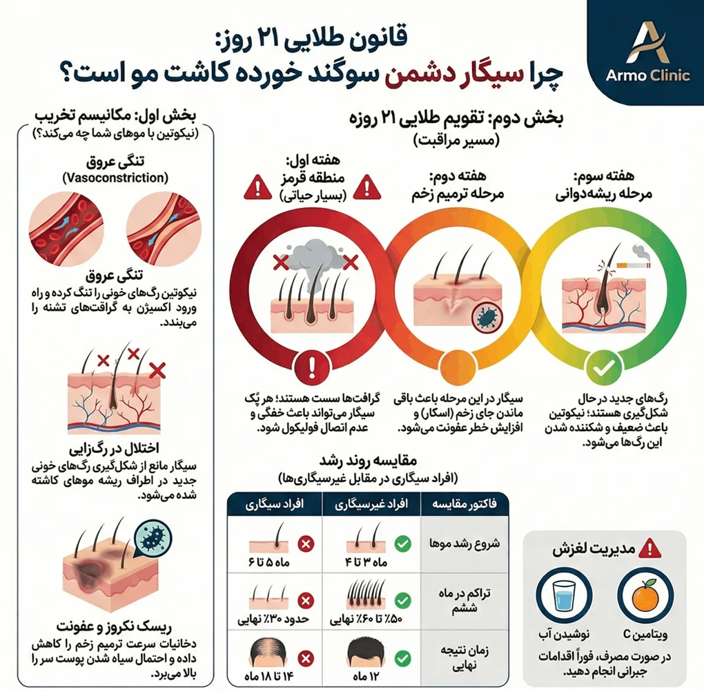 سیگار و قلیان بعد از کاشت مو؛ خداحافظی با گرافتها یا تحمل ۲۱ روز طلایی؟ 1 اینفوگرافیک مصرف دخانیات بعد از کاشت مو