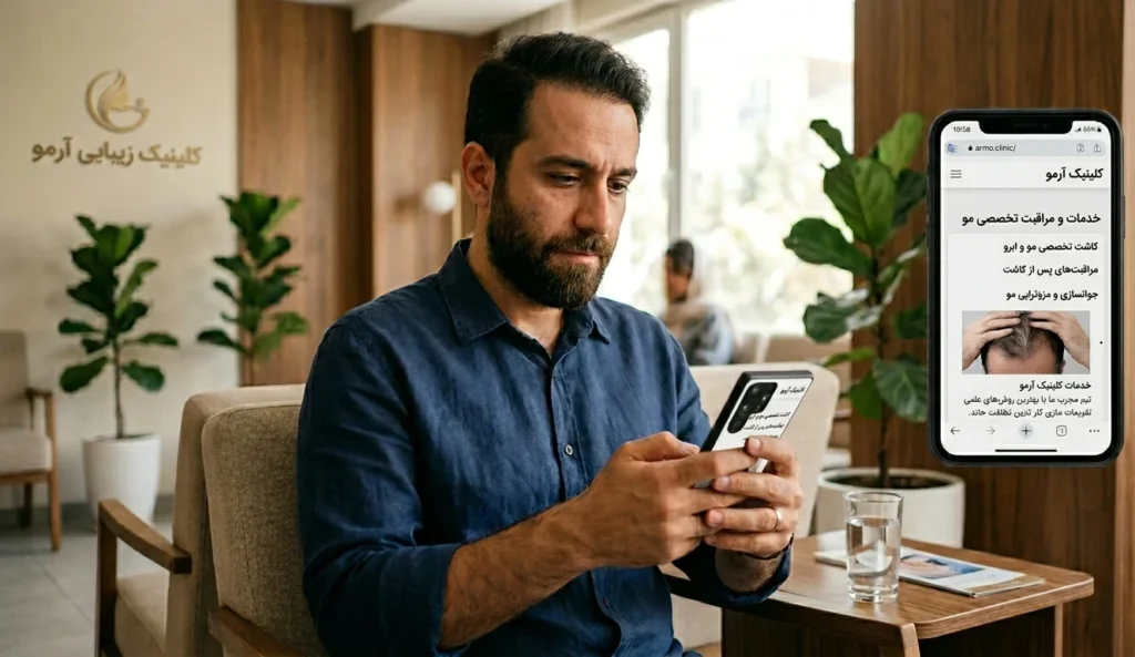 عکس یک مرد که داره در مورد مزوتراپی یعد از کاشت مو تو گوشی تحقیق میکنه.