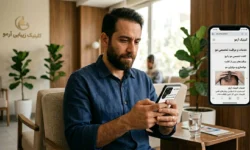 عکس یک مرد که داره در مورد مزوتراپی یعد از کاشت مو تو گوشی تحقیق میکنه.