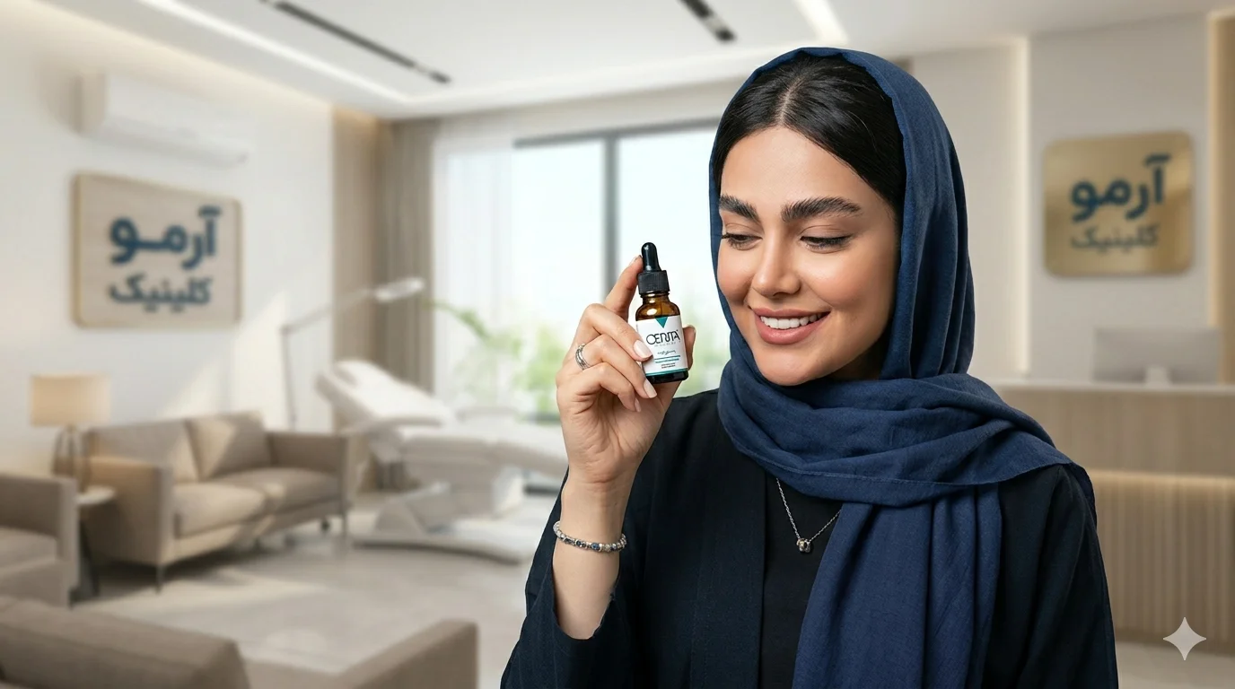 عکس یک خانم که سرم دستش گرفته و داره لبخند میزنه