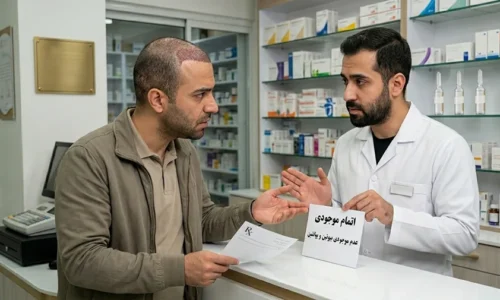 عکس یه مرد که تازه کاشت مو انجام داده و اومده داروخانه دنبال آمپول بیوتین