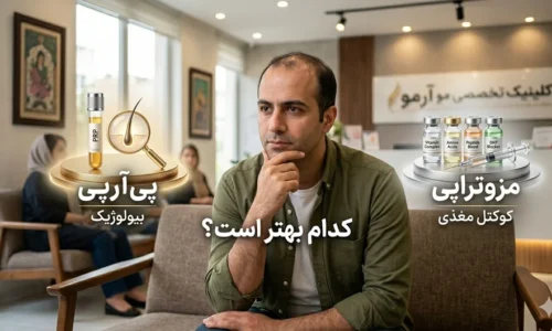 عکس یک مرد که داره بین انتخاب پی ار پی و مزوتراپی فکر میکنه