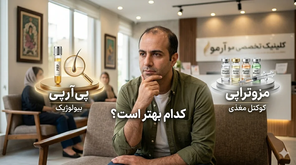 عکس یک مرد که داره بین انتخاب پی ار پی و مزوتراپی فکر میکنه