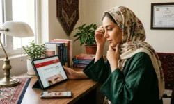 یک خانم که در حال تحقیق درباره مزوتراپی بعد از کاشت ابرو در منزله