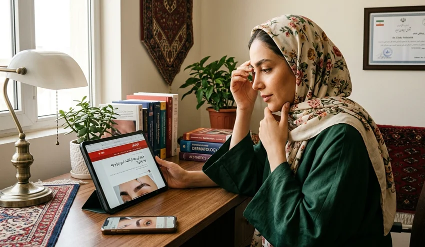 یک خانم که در حال تحقیق درباره مزوتراپی بعد از کاشت ابرو در منزله