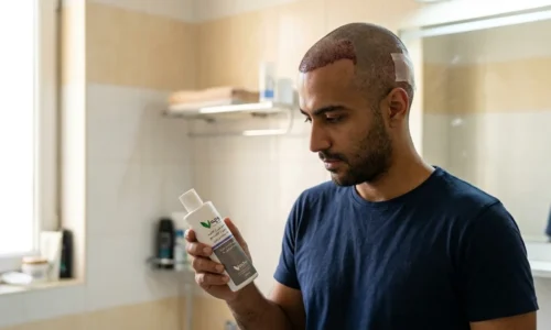 عکس یک مرد که تازه کاشت انجام داده و داره به شامپو ووچه که دستشه نگاه میکنه