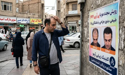 عکس یه مرد که بیرون داره به یه پوستر در مورد پی ار پی نگاه میکنه