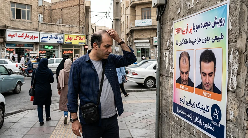 عکس یه مرد که بیرون داره به یه پوستر در مورد پی ار پی نگاه میکنه