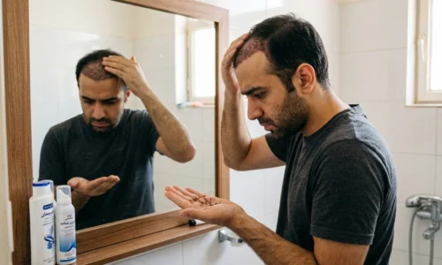 عکس یک مرد که در حال تماشای موهای ریخته شدش بعد از کاشته