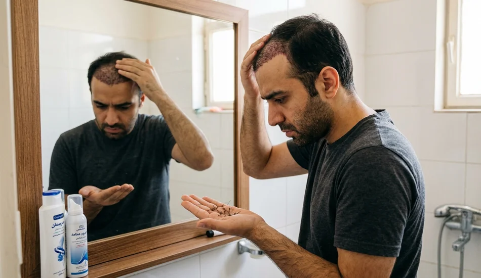 عکس یک مرد که در حال تماشای موهای ریخته شدش بعد از کاشته
