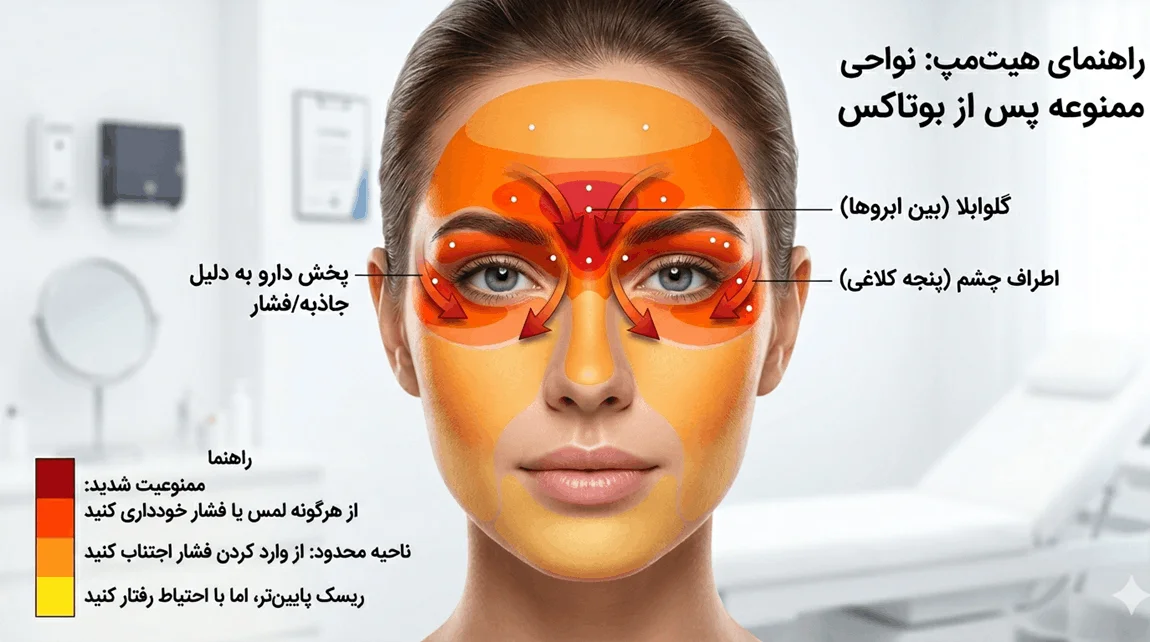 مراقبت های بعد از تزریق بوتاکس: راهنمای بالینی، تجربیات واقعی و مدیریت عوارض 2 عکس هیت مپ موارد مجاز و غیر مجاز برای لمس کردن صورت