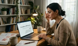 عکس یک خانم که روبروی لپتاپ نشسته و داره در مورد ریزش بعد از کاشت ابرو تحقیق میکنه