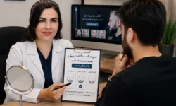 پزشک متخصص در حال بررسی شرایط مراجعه‌کننده برای تعیین سن مناسب کاشت ریش و ارزیابی بانک مو