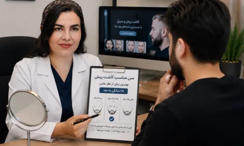 پزشک متخصص در حال بررسی شرایط مراجعه‌کننده برای تعیین سن مناسب کاشت ریش و ارزیابی بانک مو