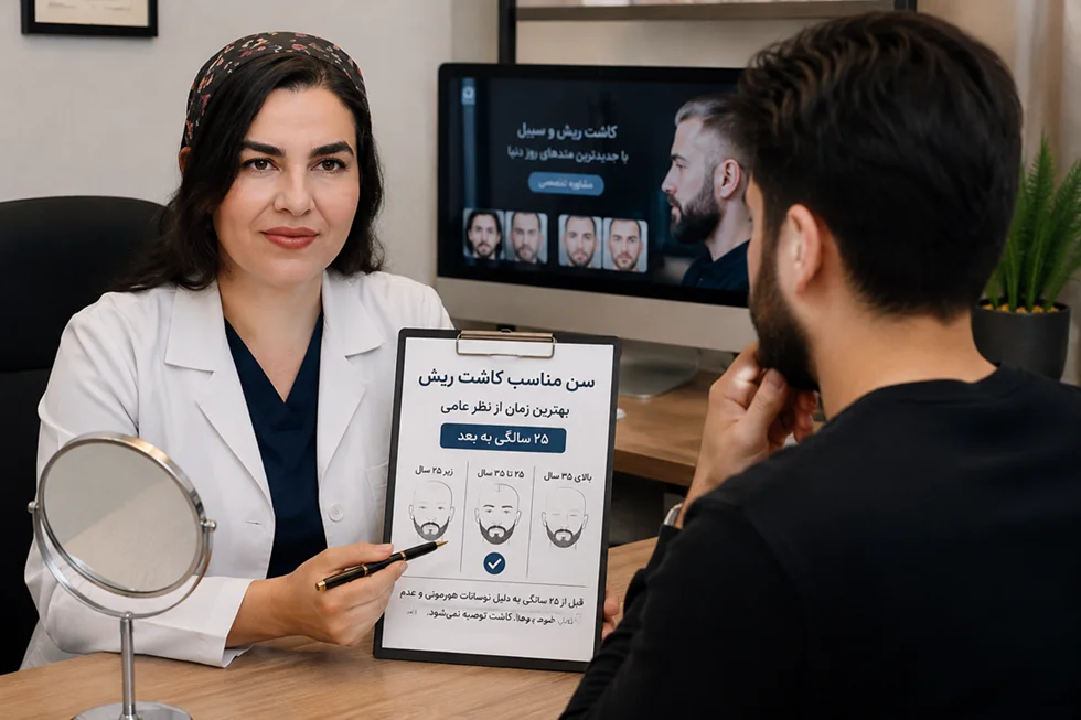 پزشک متخصص در حال بررسی شرایط مراجعه‌کننده برای تعیین سن مناسب کاشت ریش و ارزیابی بانک مو