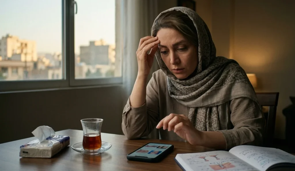 زن ایرانی نگران در حال جستجو با موبایل برای یافتن راهکارهای فوری از بین بردن اثر بوتاکس و کنترل عوارض.