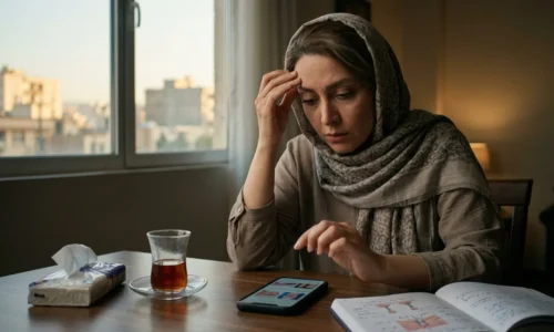 زن ایرانی نگران در حال جستجو با موبایل برای یافتن راهکارهای فوری از بین بردن اثر بوتاکس و کنترل عوارض.