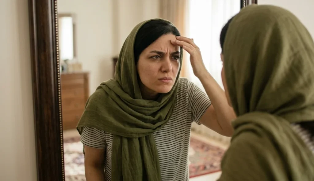 یک خانم با حجاب سبز و تیشرت راه راه که با دقت و نگرانی به پیشانی خود در یک آینه بزرگ نگاه میکند و با انگشت اشاره آن را بررسی میکند.