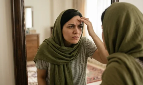 یک خانم با حجاب سبز و تیشرت راه راه که با دقت و نگرانی به پیشانی خود در یک آینه بزرگ نگاه می‌کند و با انگشت اشاره آن را بررسی می‌کند.
